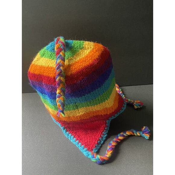 Nepal 100% Wool Beanie Winter Hat Knit Cap Fleece Lined Ski Earflaps Gorpcore - Picture 2 of 5